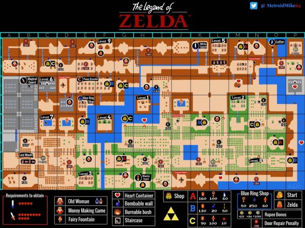 Metroid Mike 64 on Twitter: "Updated my hand drawn #Zelda map, using the  actual sprites from the game for all items. Included locations for all  bombable walls, burnable bushes, items, dungeons &amp;