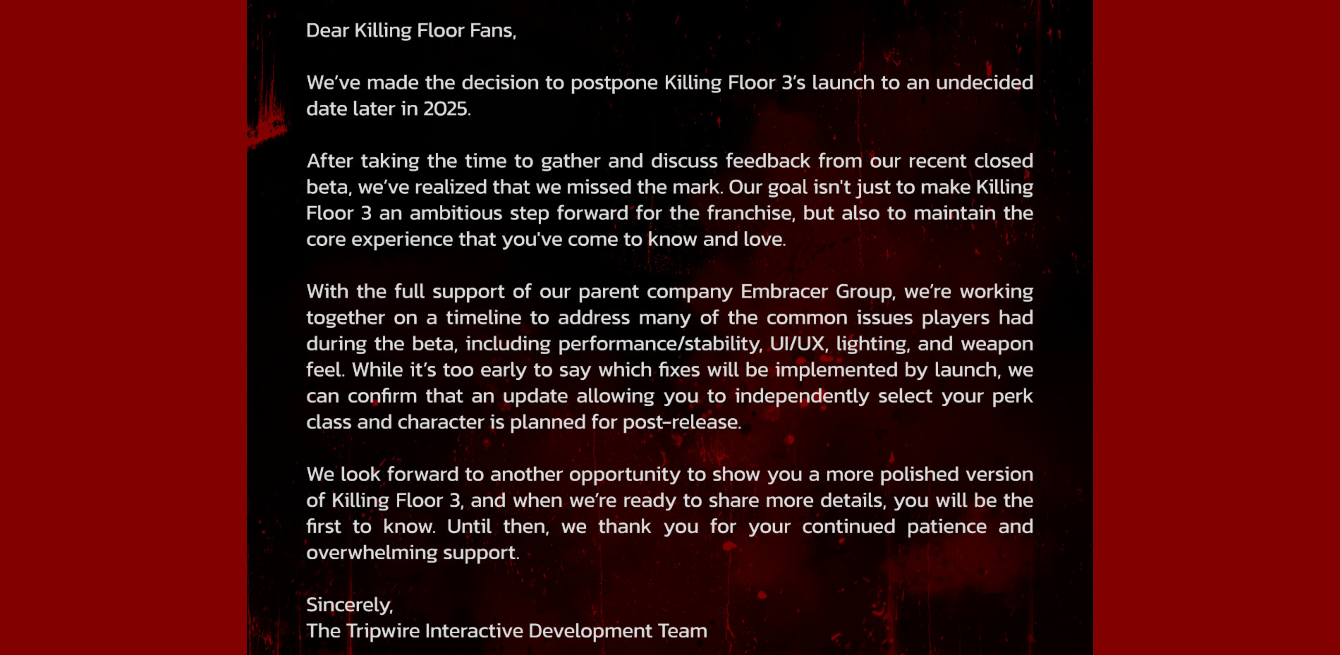 Killing Floor 3 delay announcement